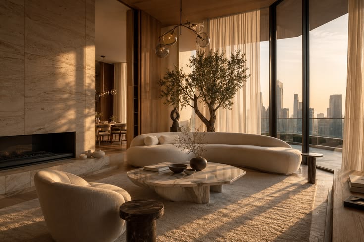 Warm minimalist living room with skyline view