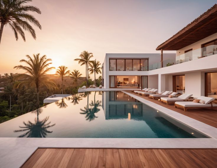 Azure Palms — white villa with infinity pool at sunset